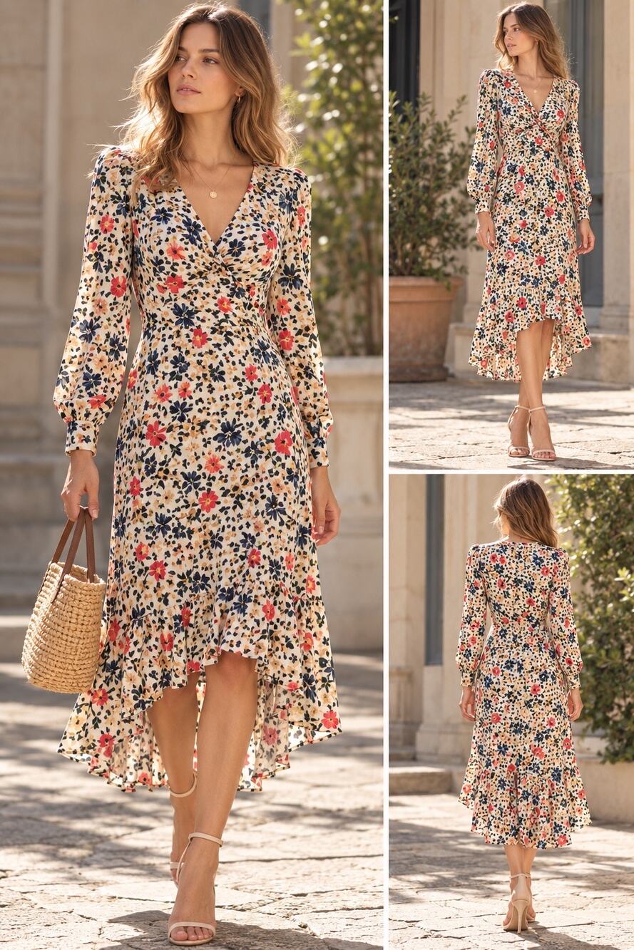 ba&sh Paloma Floral Midi Dress Sz 1 S Ecru Faux Wrap Ruffle Romantic French Girl